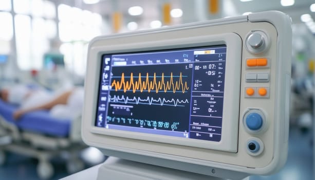 Medical monitor displaying patient's vital signs in a hospital room with a patient resting in the background