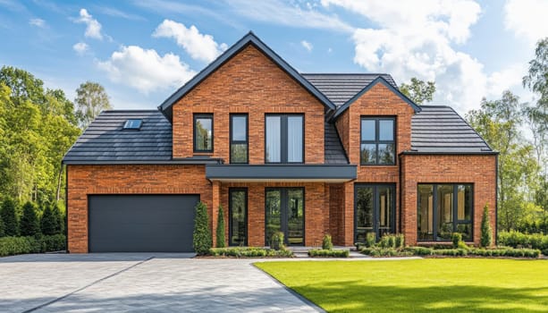 Large suburban home with a brick facade, landscaped yard and attached garage on a sunny day