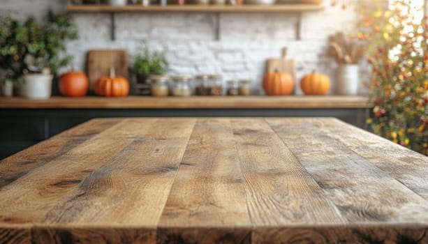 Empty wooden tabletop in front of blurred autumn kitchen background with pumpkins on the counter