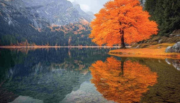 Lone orange tree stands on the shore of a mountain lake, its reflection mirrored in the water's surface
