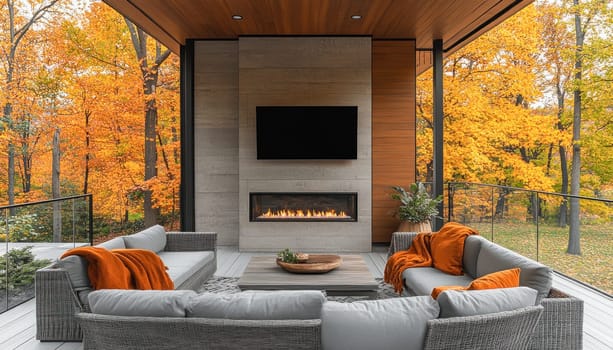 Modern outdoor living space is glowing with warmth from a fireplace on a crisp autumn day