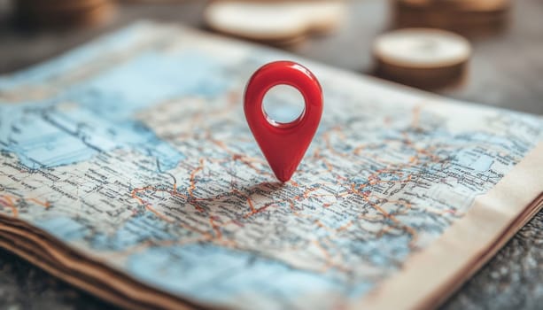 Red location pin pointing a specific location on a 3d city map with the city in the background