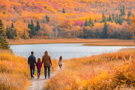 Family is enjoying a peaceful walk in nature on a trail near a lake surrounded by colorful autumn foliage