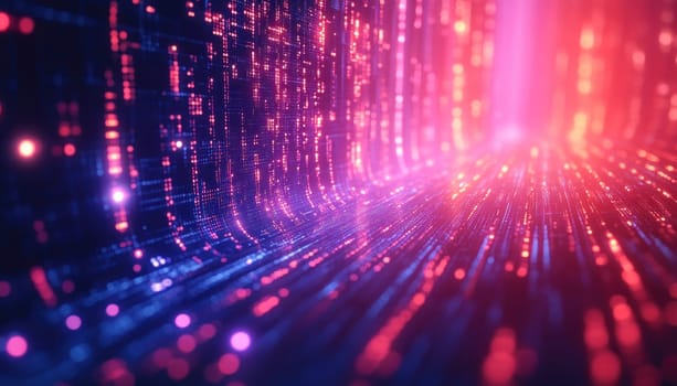 Digital stream of data flowing in cyberspace tunnel with glowing lines of code