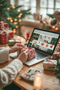 Woman wrapping christmas presents at home, looking for inspiration on a laptop