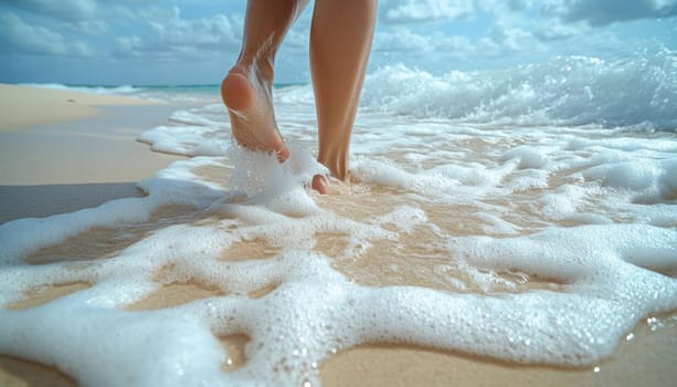 Woman enjoying walking along the ocean shore on a sunny, tropical vacation