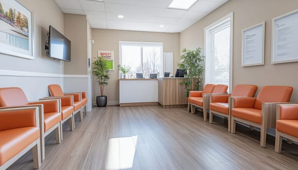 Sunlight is streaming into a medical office waiting room with orange chairs and a reception desk