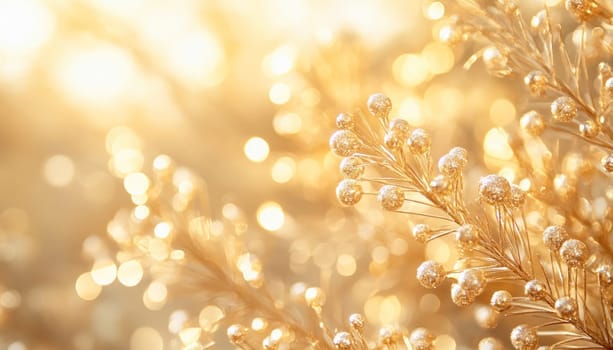 Golden christmas decoration branch is glittering under the warm sunlight