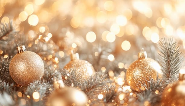 Golden christmas ornaments are nestled in the silver tinsel with warm twinkling lights in the background