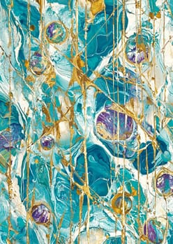 This artwork showcases a mesmerizing interplay of blue and gold tones, featuring fluid shapes and textures that create a striking visual experience.