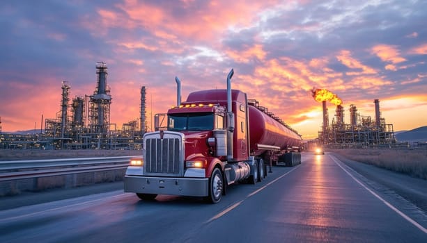 Red american truck is transporting fuel from a refinery at sunset