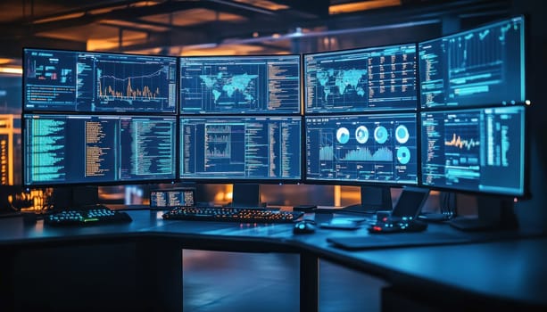 Multiple screens showing charts, data and statistics are creating a modern digital environment in this control room