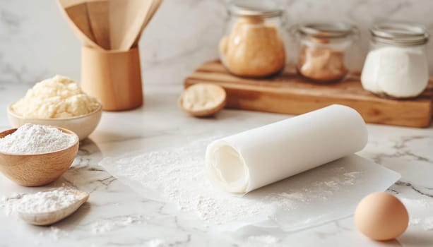 Silicone baking mat is unrolled on a flour dusted marble countertop with pastry ingredients in the background, ready for baking