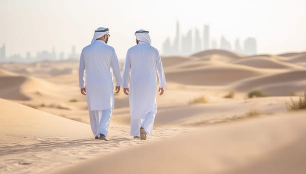 Two arab businessmen are discussing business in the dubai desert