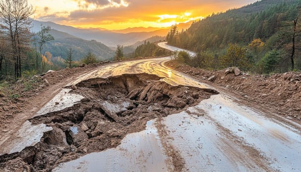 Mountain road is collapsing after a landslide, with the setting sun illuminating the scene