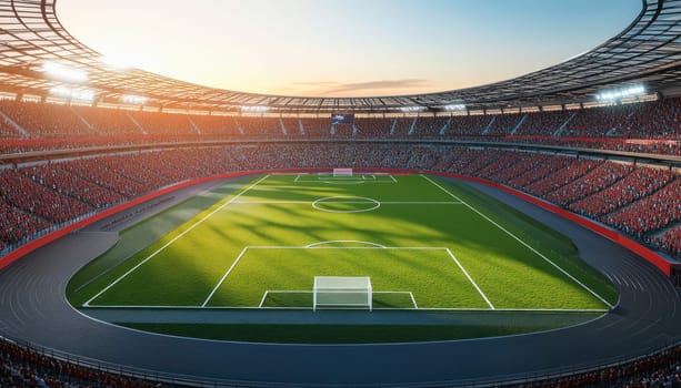 Professional soccer field illuminated by stadium lights during sunset time