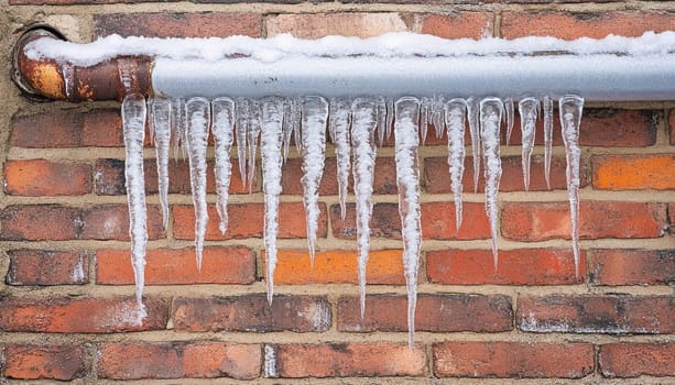 Sharp icicles are hanging from a snow covered pipe attached to a brick wall