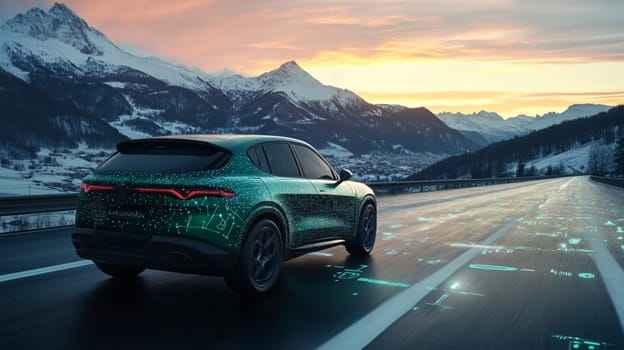 Green electric car is driving itself on a scenic country road at sunset, using artificial intelligence and machine learning