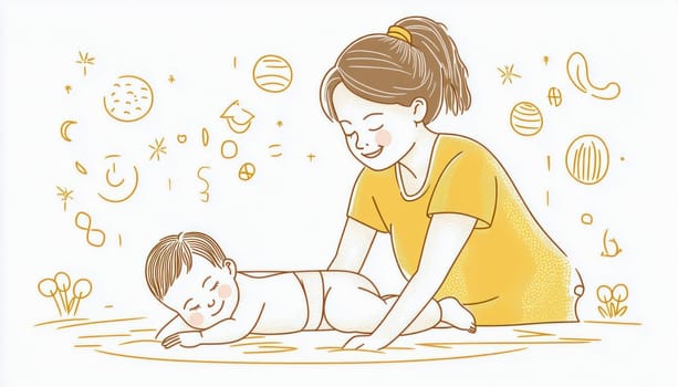 Mother is taking care of her child by giving him a massage and doing gymnastics to help him fall asleep
