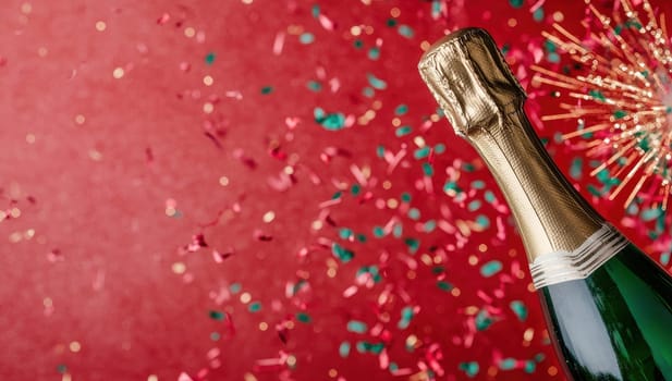 Champagne bottle with explosion of colorful confetti on red background. Celebration, party, festive concept.