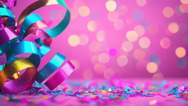 Colorful party streamers and confetti on pink background with bokeh. Festive celebration concept.