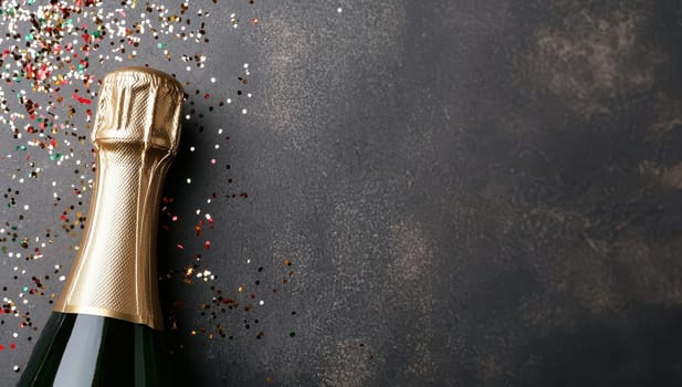 Champagne bottle and glitter on dark background, top view with space for text. Celebration, party concept.