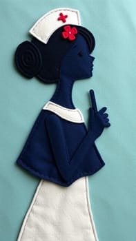 Felt nurse giving advice on turquoise background, symbolizing healthcare profession with handmade cutout design. Plenty of copy space available