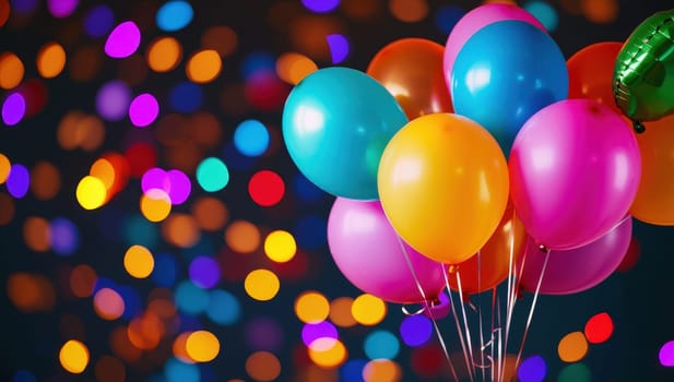 Colorful balloons on a festive background with bokeh lights. Birthday, party, celebration concept.
