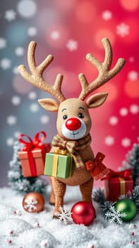 Cute reindeer toy is standing in the snow, wearing a scarf and holding a gift, surrounded by christmas decorations and presents. The background is a festive red and white
