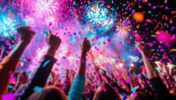 Crowd with raised hands having fun at a concert party with fireworks, celebration, festival, entertainment concept