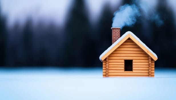 Wooden cabin model with smoke from chimney on snow covered surface with winter forest background. Concept of home, winter, warmth, christmas, holidays.