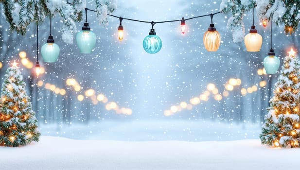 Christmas background with snow covered fir trees and hanging illuminated lights in winter forest. Festive bokeh lights and falling snow effect.