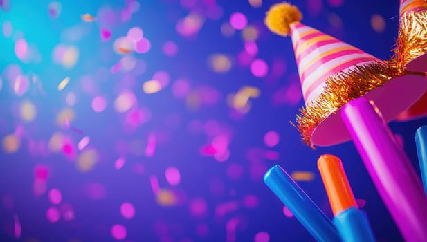 Colorful party background with party hats, confetti, and noisemakers on a vibrant blue and purple background.
