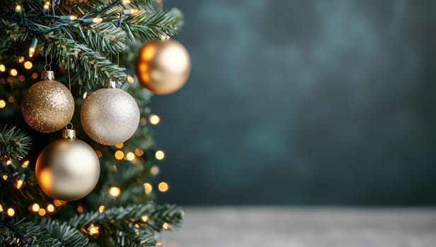 Christmas tree with golden and silver ornaments and lights
