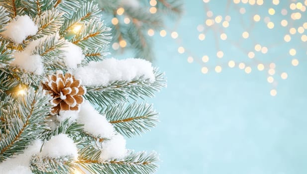 Snowy pine branch with pine cone against a blurred background of twinkling lights