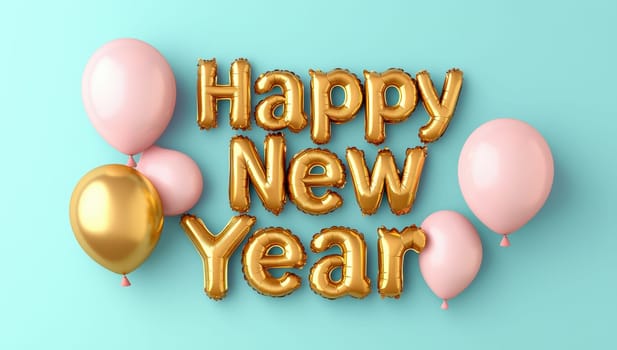 Happy New Year gold foil balloons on a blue background with pink balloons. Festive concept for New Year celebration, greetings, and party invitations.