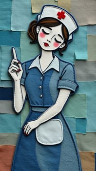Illustration of a nurse with her eyes closed, raising her finger as if having an idea, with a colorful patchwork background