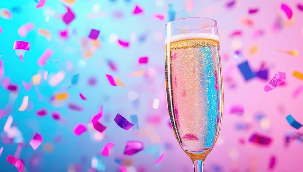 Champagne flute with bubbles against a colorful confetti background, celebrating New Year's Eve or a special occasion.