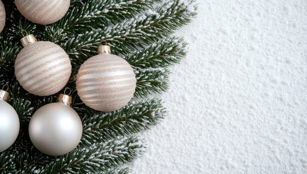 Christmas background with silver and beige ornaments and fir tree branches on snow. Top view with copy space.
