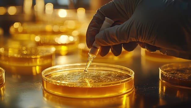 Scientist analyzing petri dish with pipette in laboratory. Research, experiment, science, biology, chemistry, biotechnology concepts