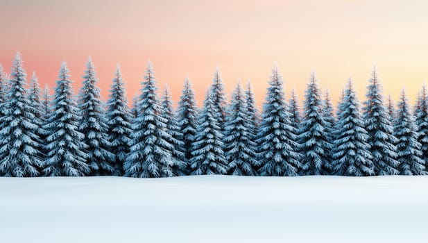 Snowy pine forest at sunset. Winter wonderland landscape with snow covered trees and colorful sky.
