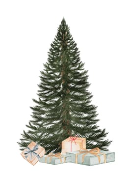 Christmas tree watercolor with gifts. Hand drawn vintage evergreen tree isolated on white background. Clip art of Christmas and New Year symbol. Ideal for greeting cards, posters and home crafts design. High quality illustration