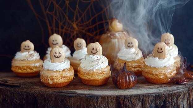 Spooky halloween themed desserts and drinks are arranged on a rustic wooden table, illuminated by the warm glow of candlelight, creating a festive atmosphere