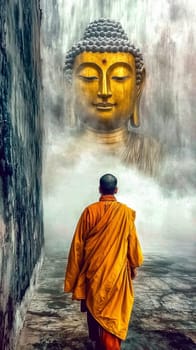 Buddhist monk wearing an orange kasaya walking on a stone surface towards a giant buddha head