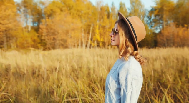 Autumn portrait of beautiful happy young woman, stylish modern girl in hat, glasses looking away outdoors, sunny park with yellow leaves, trees