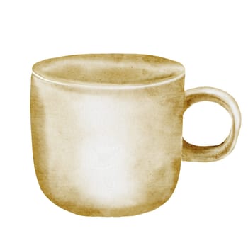 Mug watercolor. Hand drawn empty beige cup. Clip art isolated on white kitchenware background. Ideal for tea drink logo and coffee shop menu. High quality illustration
