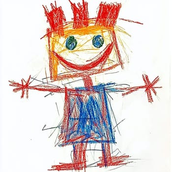 Joyful child's crayon drawing of a whimsical figure with spiky hair, radiating innocence and creativity