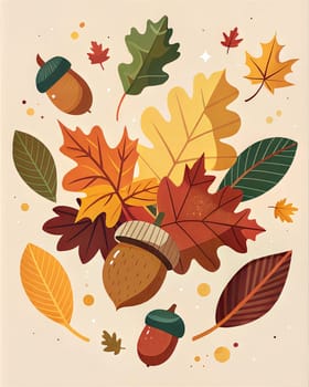 Thanksgiving postcard. Thanksgiving day poster. Festive background with fall foliage and acorns. Vertical holiday poster. Ai generation image