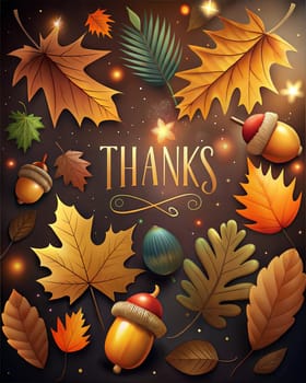 Thanks postcard. Thanksgiving day poster. Festive background with fall foliage and acorns. Vertical holiday poster. Ai generation image