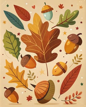 Thanksgiving postcard. Thanksgiving day poster. Festive background with fall foliage and acorns. Vertical holiday poster. Ai generation image